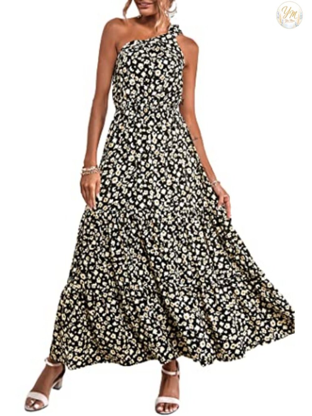 Women's One Shoulder Boho Floral Maxi Dress - Sleeveless A-Line Tiered Sundress